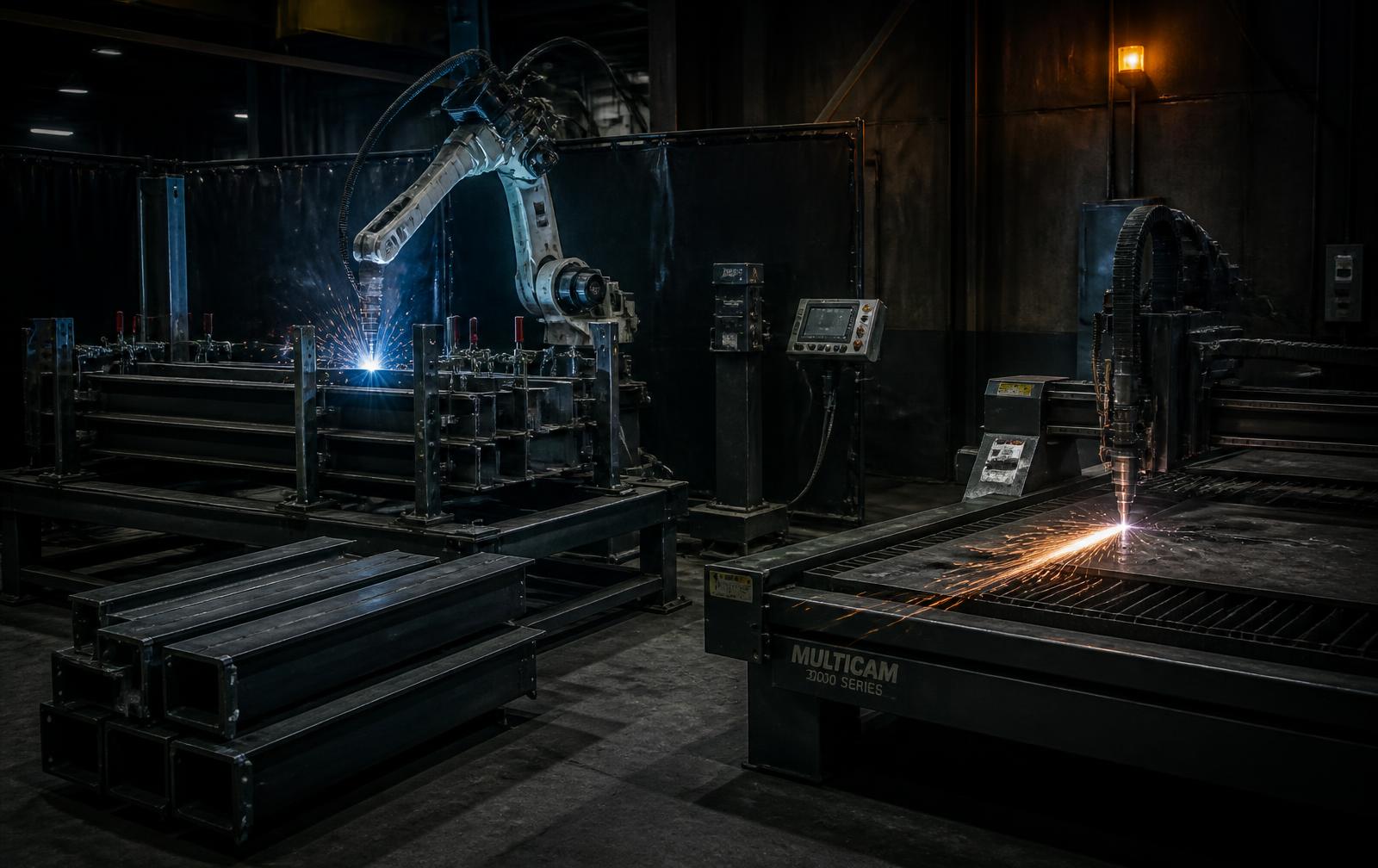Robotic welding cell and CNC plasma cutting table processing structural steel